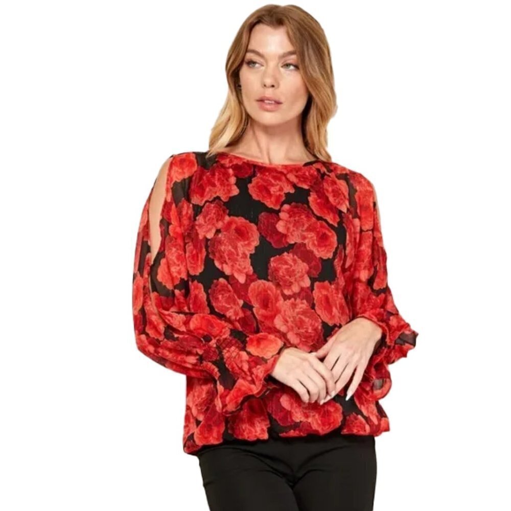 🆕 SARA MICHELLE cold shoulder rose top with metallic threading size medium